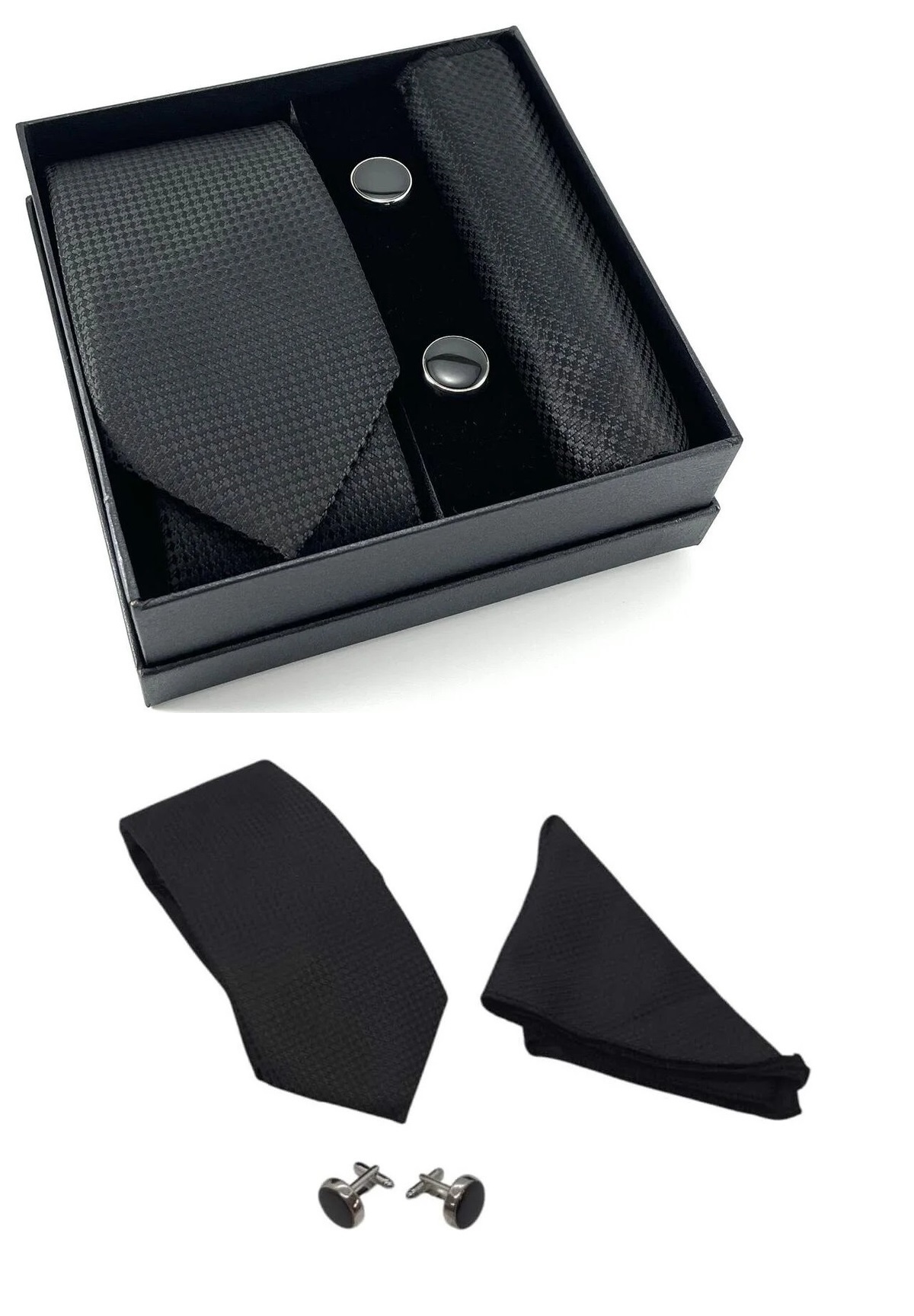 Kravat Düğme Set Siyah Desenli Kravat Mendil Kol Düğmesi Özel Set
