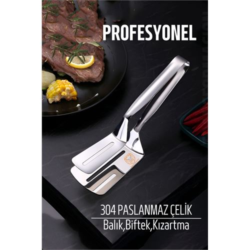 Spatulalı Tong Steak Fish Tong 304 Stainless Steel