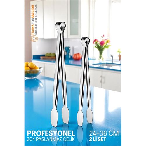 2 Boy Mutfak Maşası - Mangal Barbekü Maşası - Izgara Maşası Tava Maşası Çelik 18 ve 36 Cm