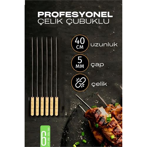 Çelik Şiş Çubuğu - Mangal Şişi Ahşap Saplı Kebap Şişi 6 Adet