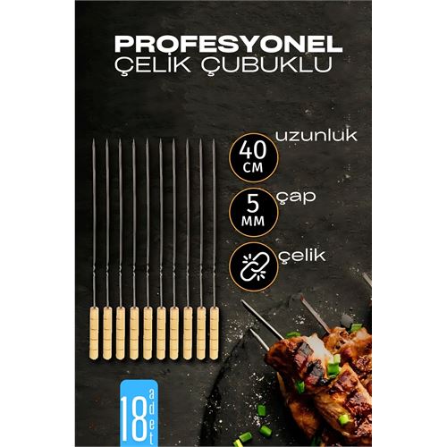 Çelik Şiş Çubuğu - Mangal Şişi Ahşap Saplı Kebap Şişi 18 Adet