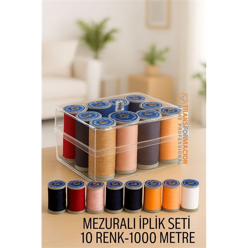 Dikiş İpliği Seti - 10 Renk 1000 Mt Kutulu Mezuralı Dikiş Seti