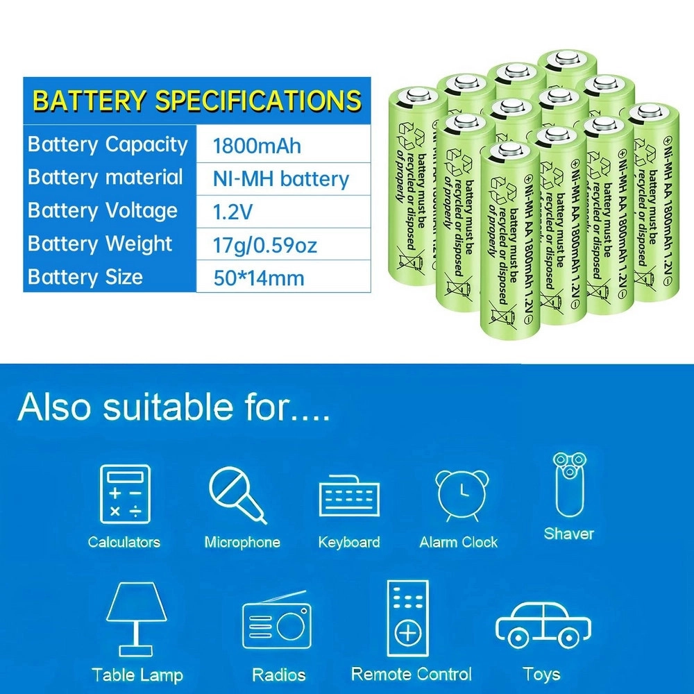1800 mAh 1.2V AA Ni-Mh Şarj Edilebilir Pil 12 Adet