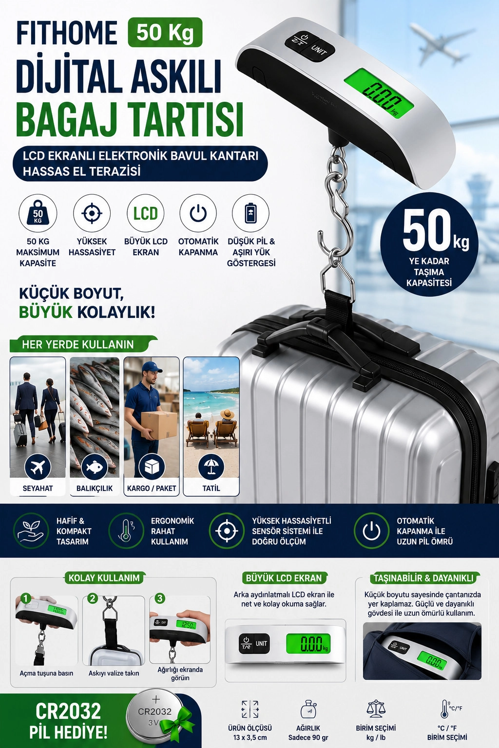 Fithome 50 Kg Dijital Askılı Bagaj Tartısı LCD Ekranlı Elektronik Bavul Kantarı Hassas El Terazisi