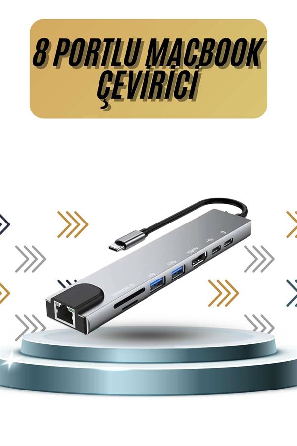 8 Portlu Macbook Çevirici Type C Hub SD TF USB Çoğaltıcı Ethernet