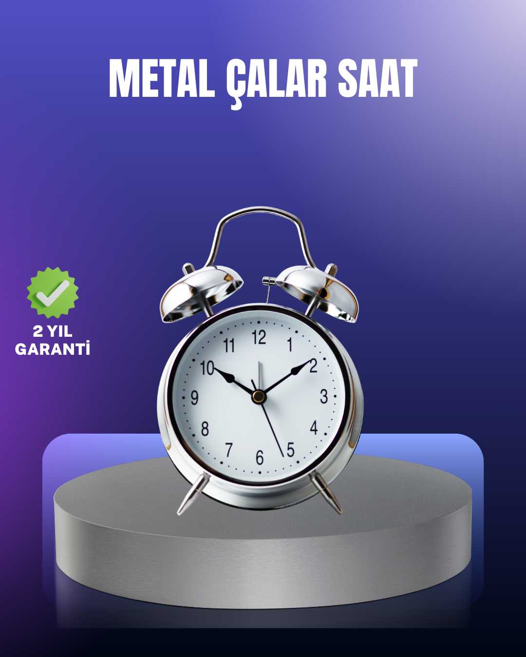 Yuvarlak Gümüş Dekoratif Işıklı Masa Üstü Saat Alarmlı Sessiz Çalışma