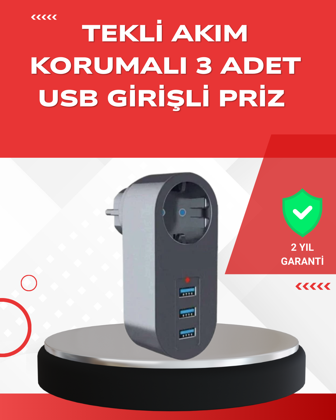 2500W Güç Destekli Akım Korumalı Priz – 3 USB Çıkışlı