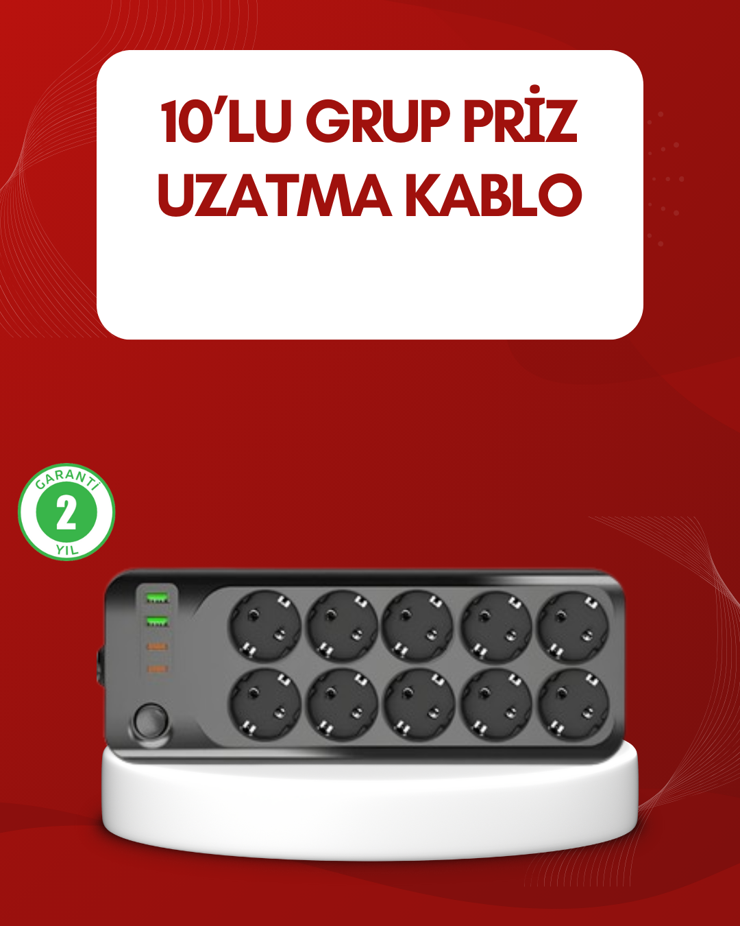 USB Type-C Destekli 10’lu Grup Priz Termal Korumalı 2m Kablo 2500W