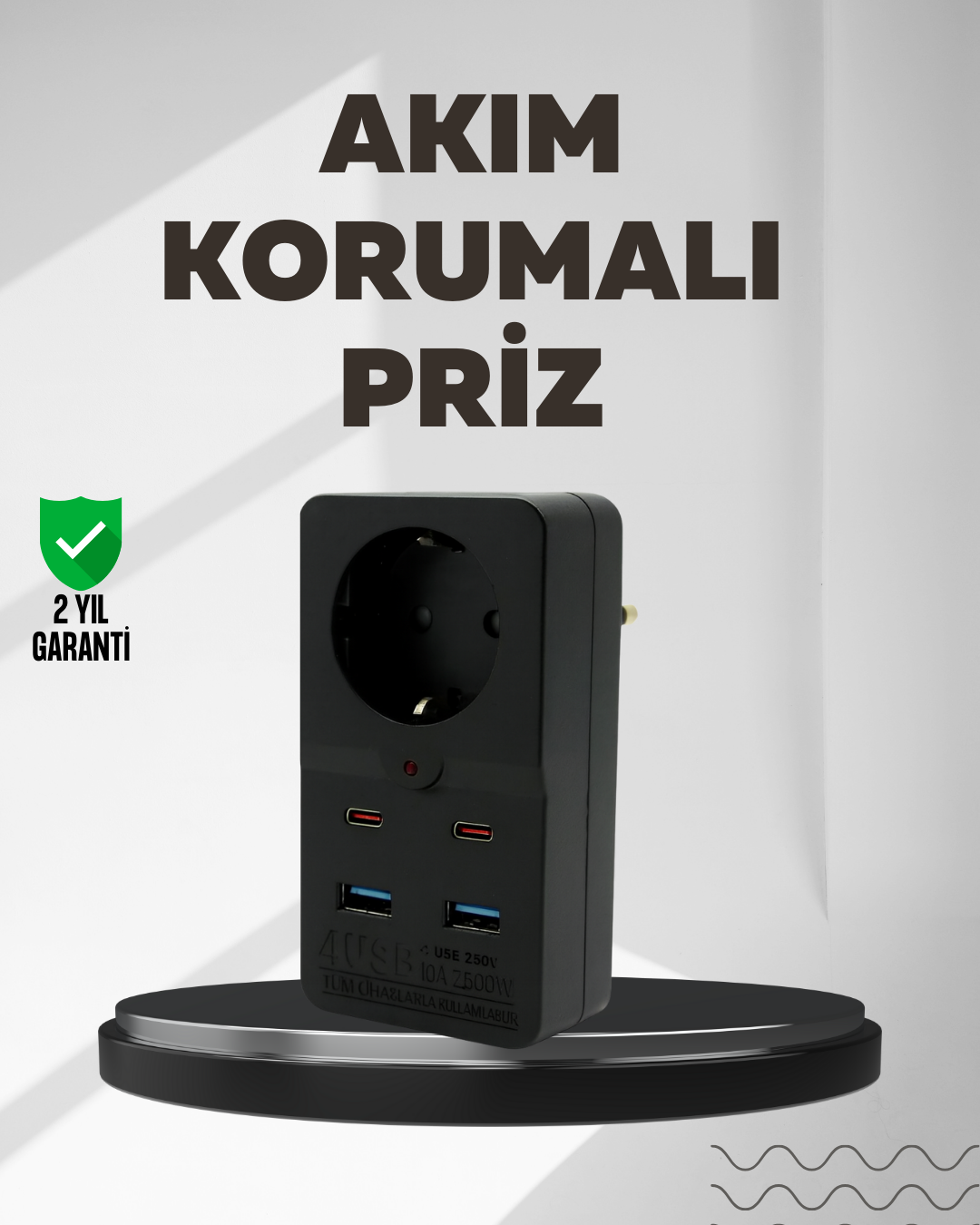 Tip Akım Koruma Prizi 10A 2500W USB Type C Destekli