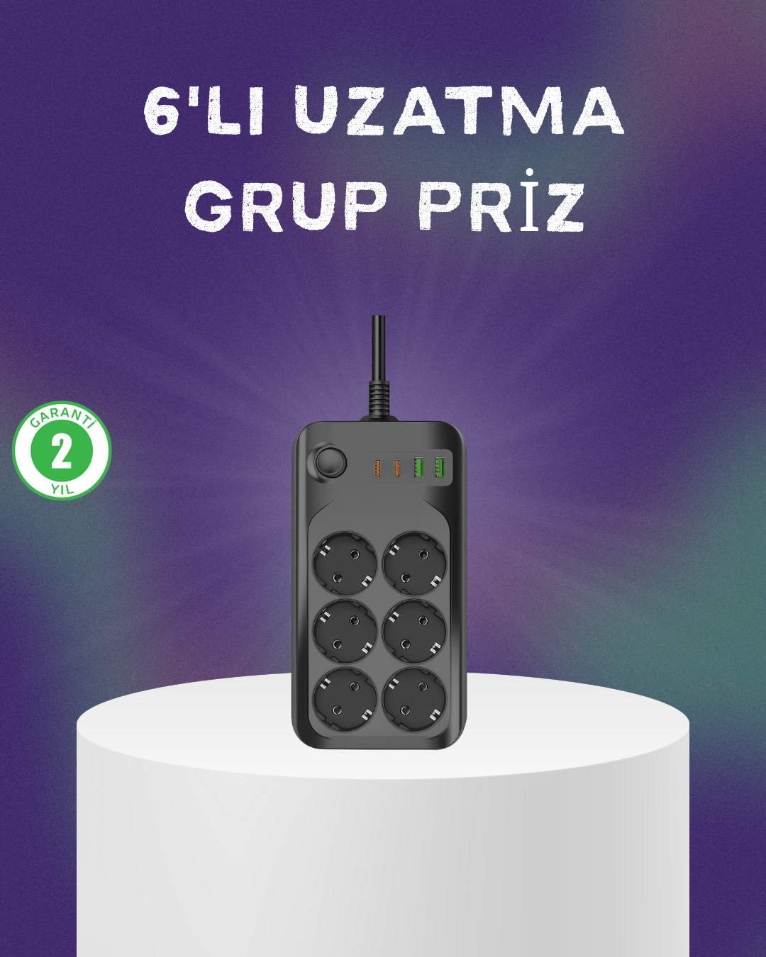 6 Prizli Çoklu Uzatma Kablosu USB Type-C Hızlı Şarj Termal Koruma