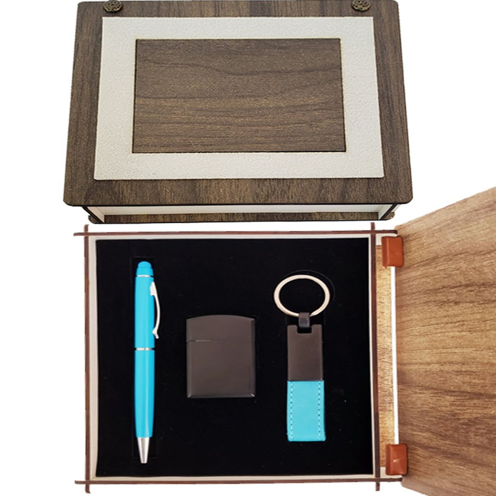Custom Wooden Box Blue Pen Keychain And Lighter Set