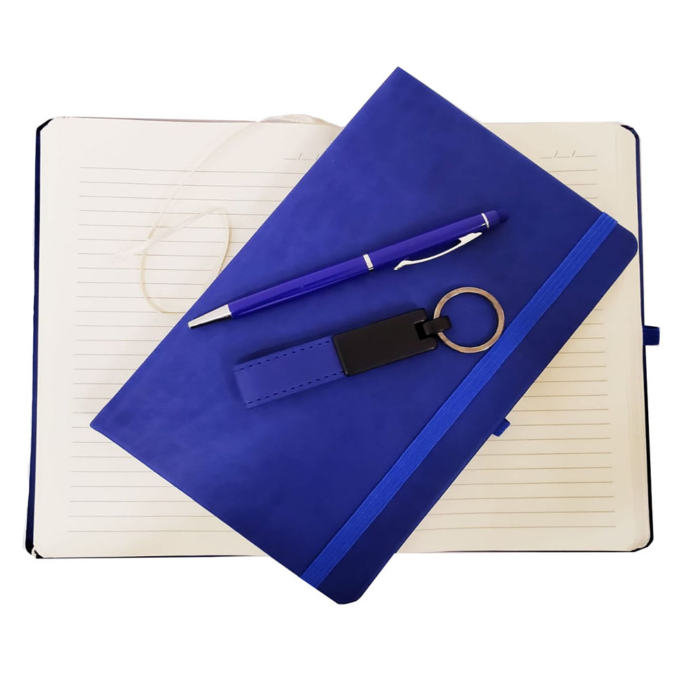 Blue Leather Notebook , Keychain and Non-stick Pen Set