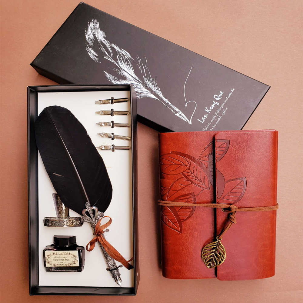 Red Leather Notebook and Feather Pen Gift Set