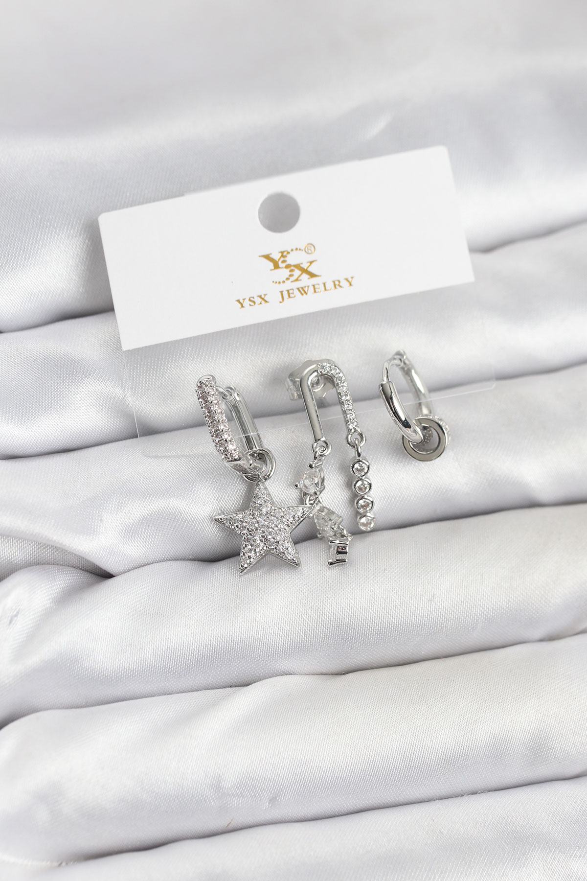 Pirinç Gümüş Renk Zirkon Taşlı Yıldız Vintage Model YSX Trio Küpe Seti