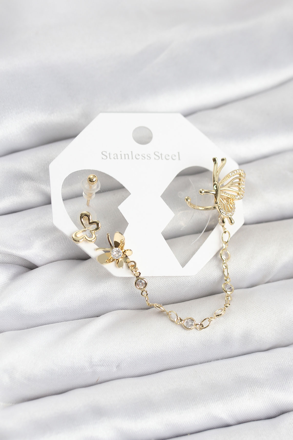 Kelebekli Model Pirinç Gold Renk Zincir Bağlantılı Ear Cuff Küpe Seti