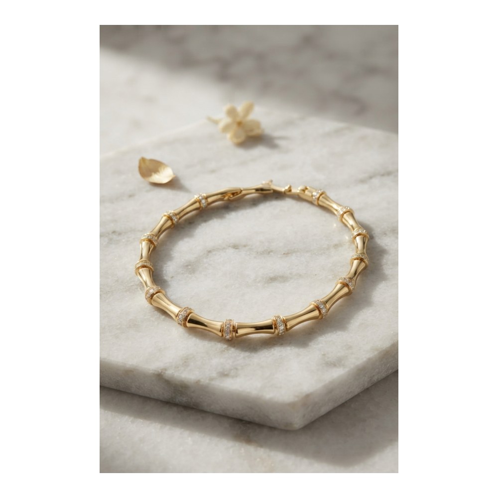 Gold Renk Bambu Model Zirkon Taşlı Kadın Bileklik