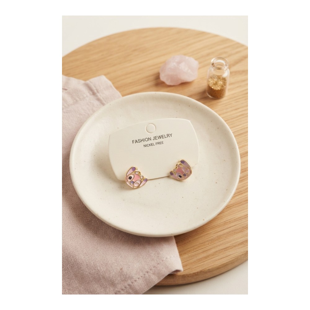 Pirinç Gold Renk Pembe Stiç Model Çocuk Küpe