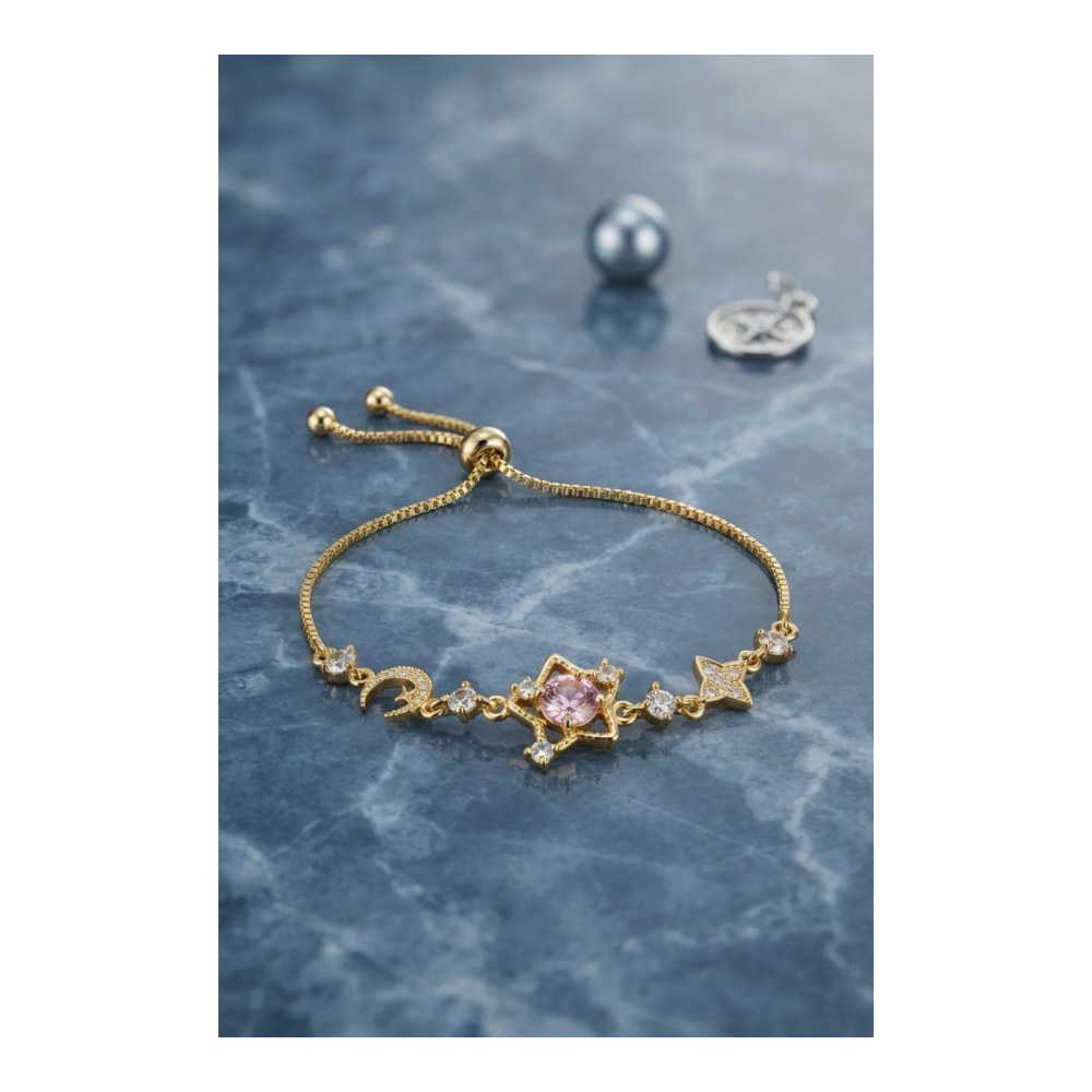 Pembe Taşlı Yıldız Model Gold Renk Zirkon Taşlı Asansörlü Bileklik