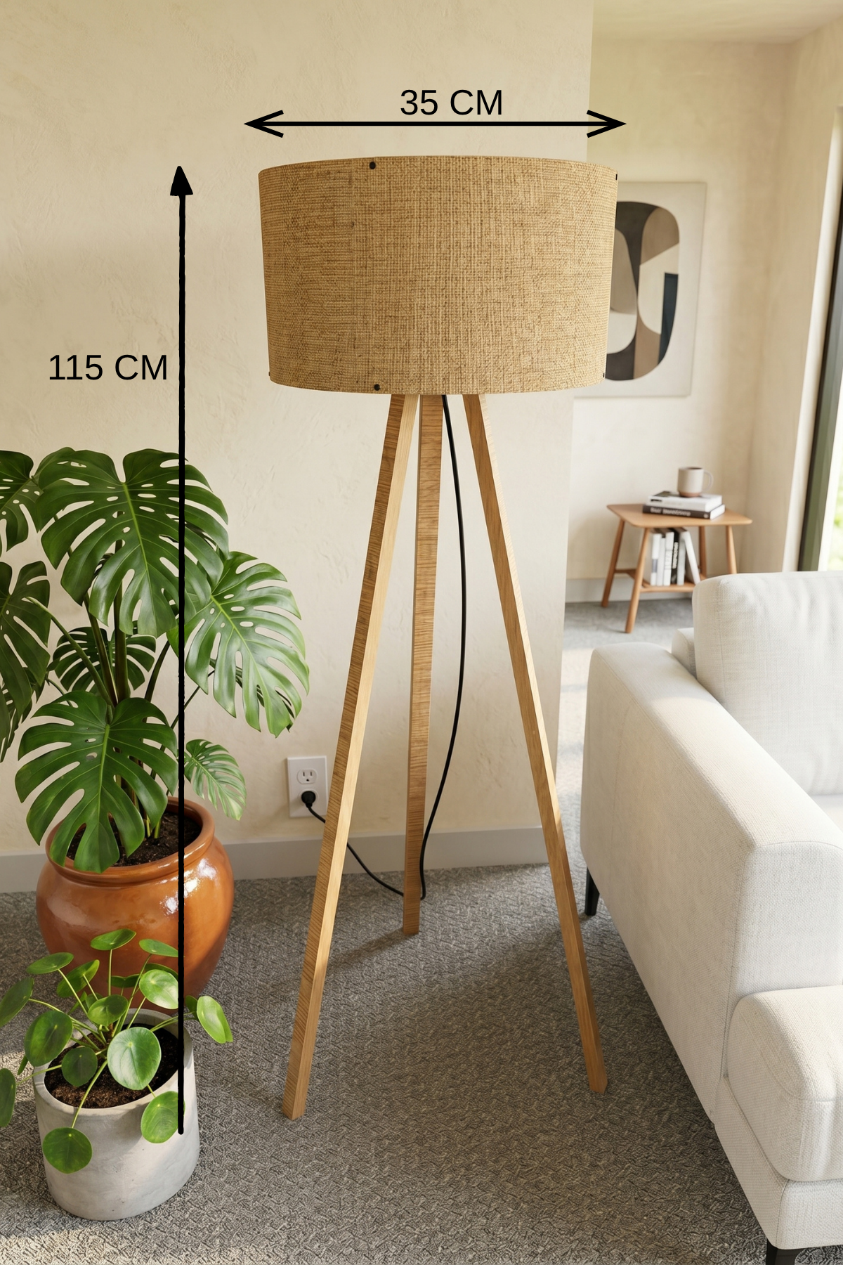 3 Ayaklı Tripod Lambader Hasır Kumaş Başlık