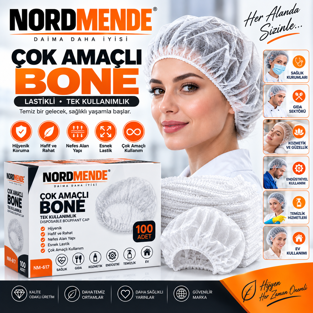 NORDMENDE Çok Amaçlı Lastikli Bone 100 Adet – Hijyenik Tek Kullanımlık Saç Bonesi