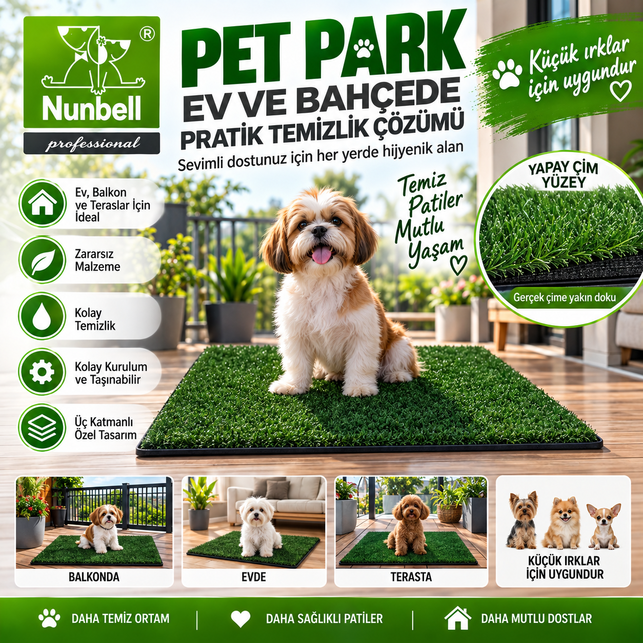 Nunbell Pet Park Yapay Çim Köpek Tuvalet Pedi Küçük Irklar İçin Balkon Ev Bahçe