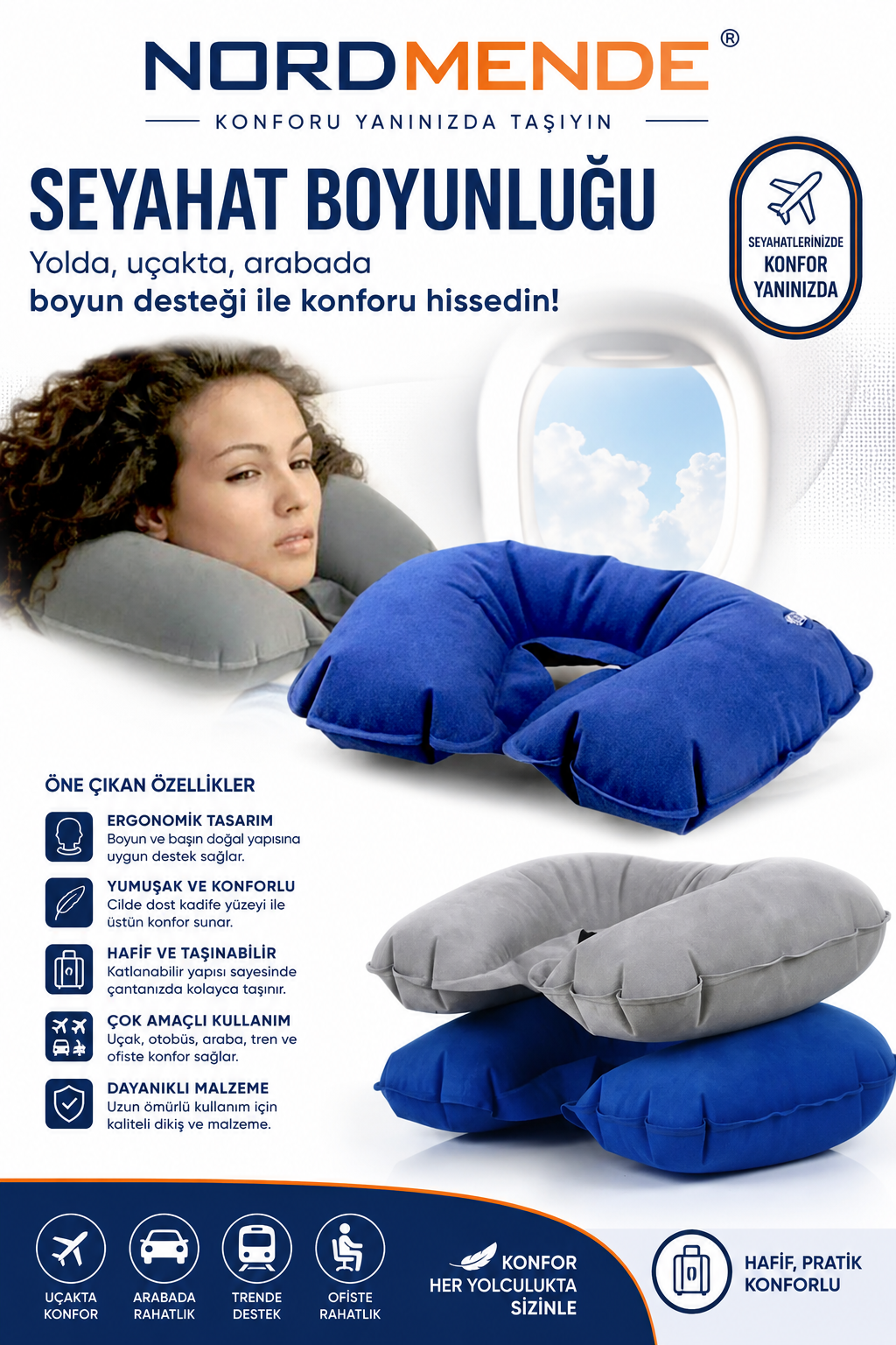 NORDMENDE Premium Seyahat Boyunluğu Uçak Otobüs Araç Ofis İçin Ergonomik Boyun Destek Yastığı