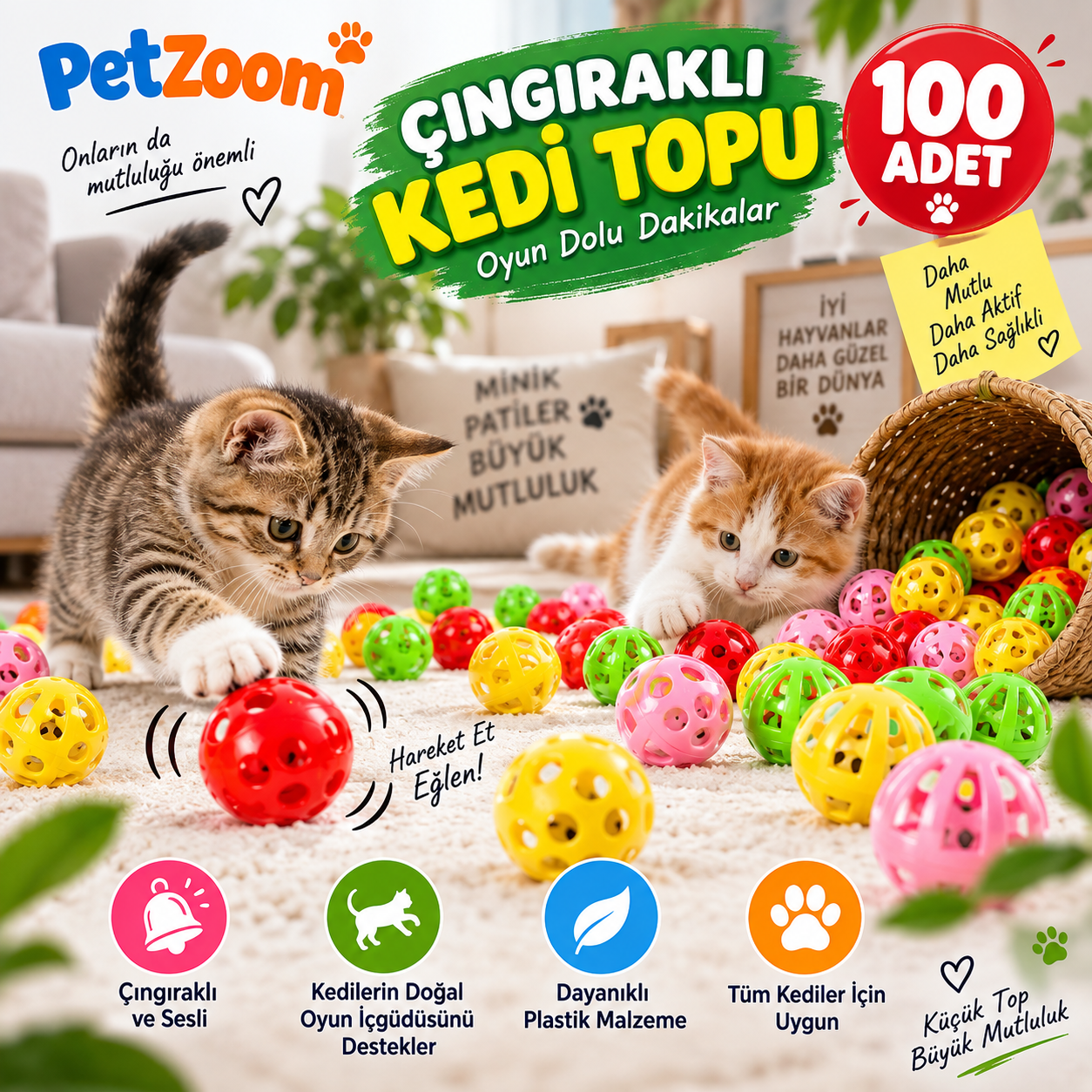 PetZoom 100&amp;#39;lü Çıngıraklı Kedi Topu Kedi Oyuncağı Renkli Sesli Oyun Topu Seti