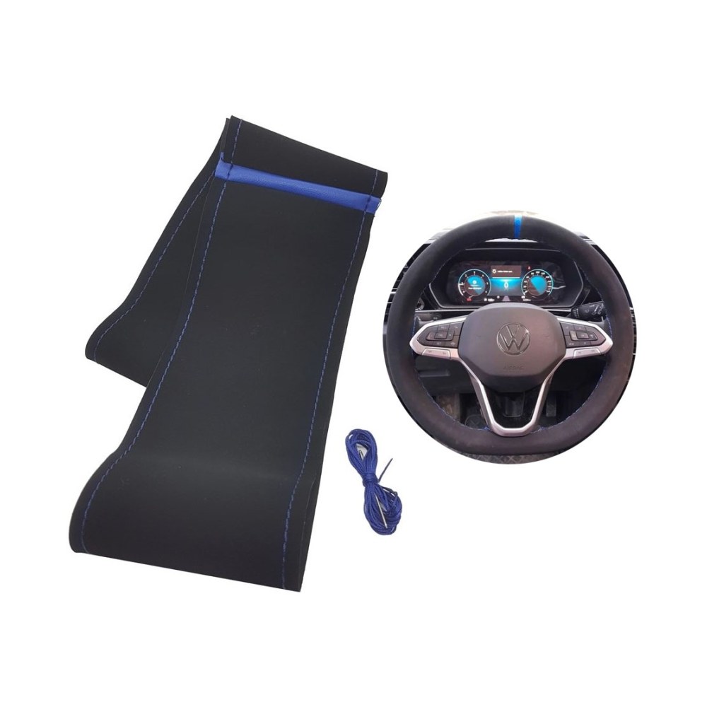 Alcantra Nubuk Kumaş Mavi Yüzüklü Dikme Direksiyon Kılıfı 105mm 38-40cm Mavi Dikişli Siyah
