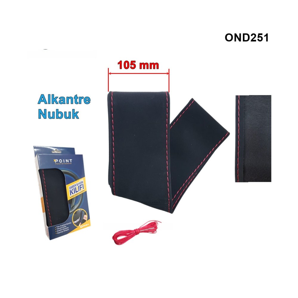 Alcantra Nubuk Kumaş Dikme Direksiyon Kılıfı 105mm 38-40cm Kırmızı Dikişli Siyah