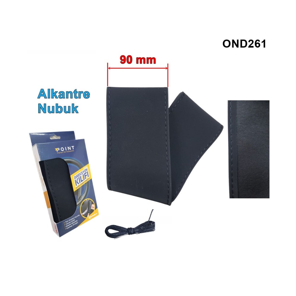 Alcantra Nubuk Kumaş Dikme Direksiyon Kılıfı 90mm 38-40cm Siyah Dikişli Siyah
