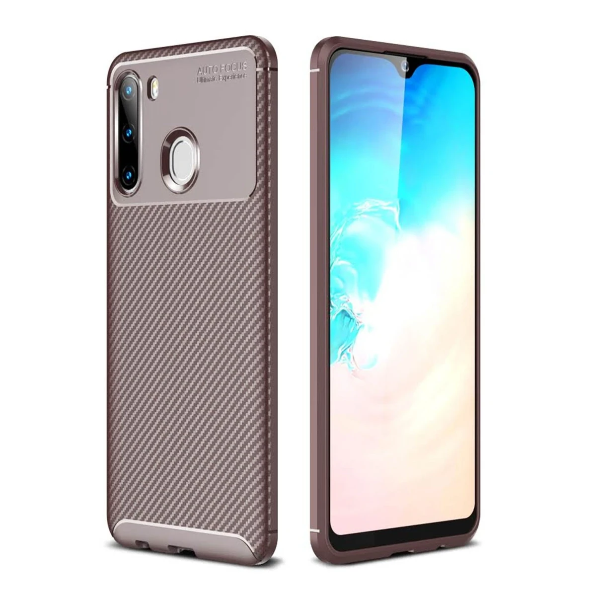 Samsung Galaxy A21 Kılıf Auto Focus Karbon Kapak - Kahverengi