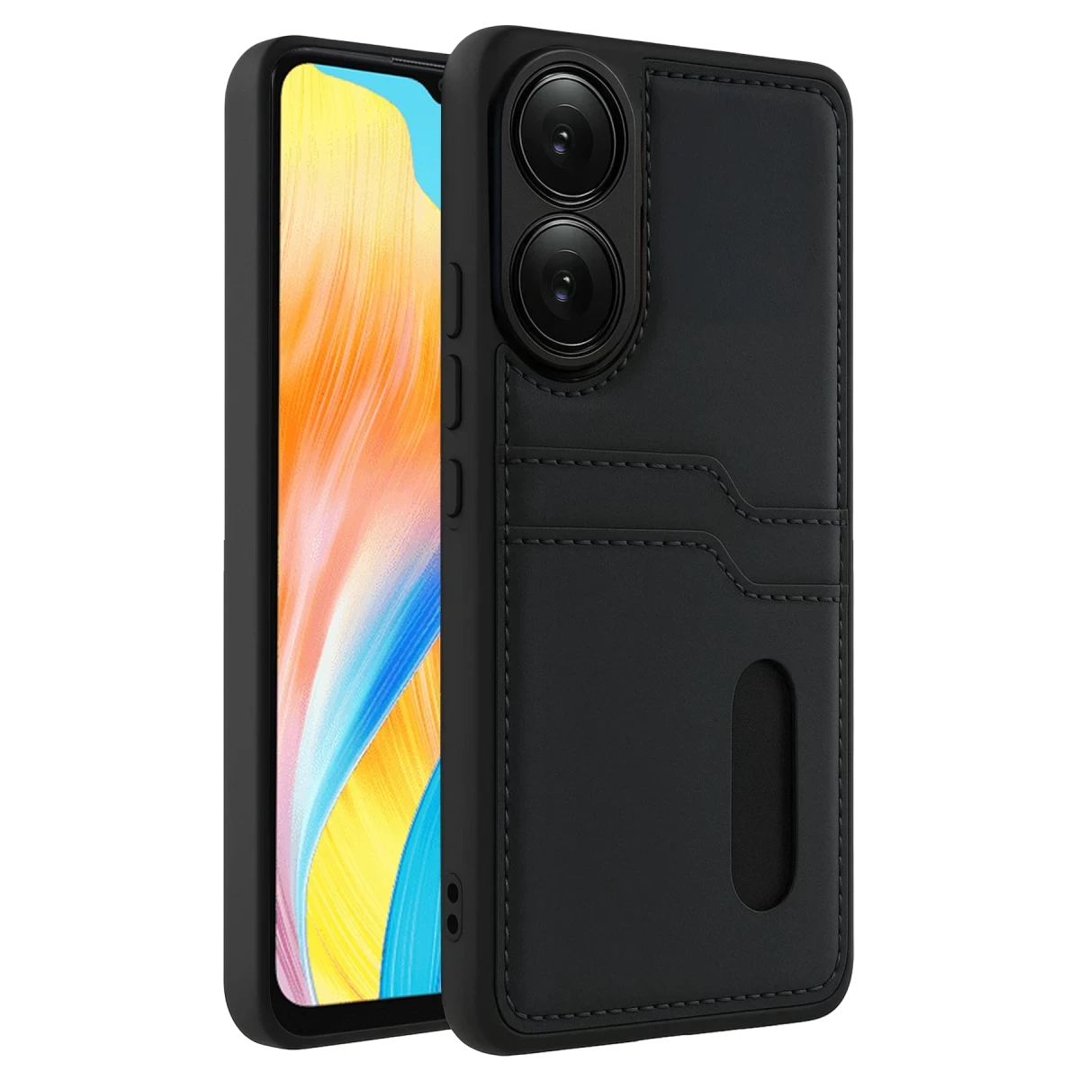 Oppo A38 Sara Kartvizitli Deri Kılıf - Siyah