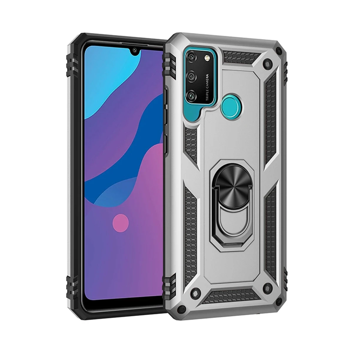 Huawei Y6P Kılıf Sofya Yüzüklü Silikon Kapak - Gümüş