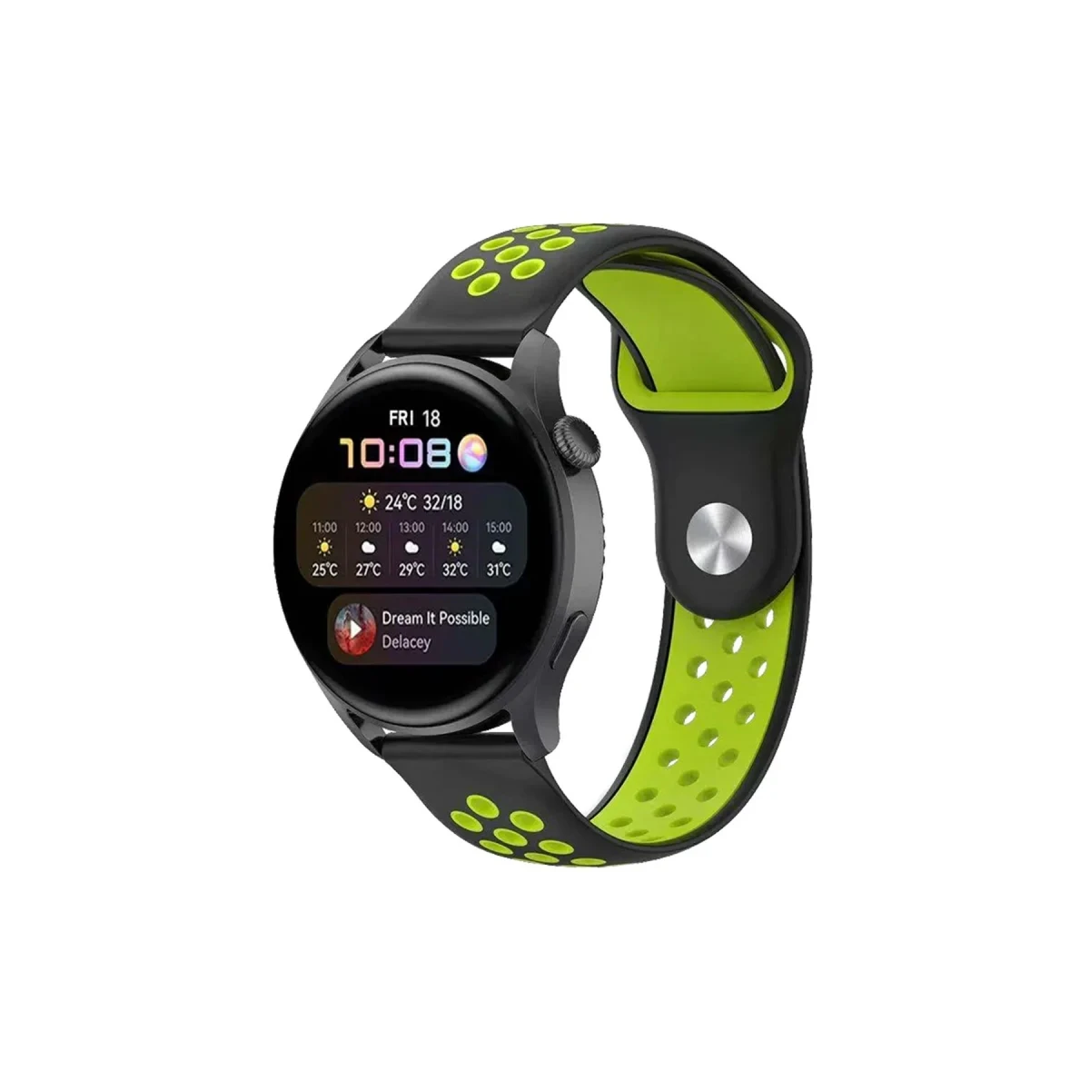 Watch 20mm Spor Delikli Kordon - Siyah-Yeşil