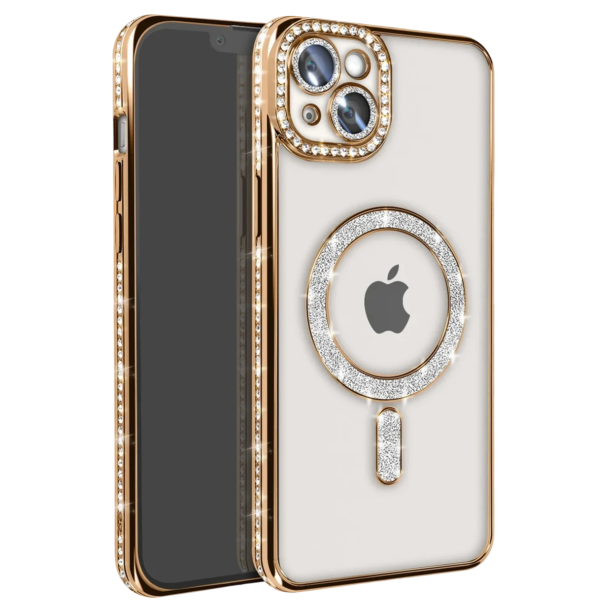 Apple iPhone 15 Kılıf Joke Simli Magneticsafe Kılıf - Gold