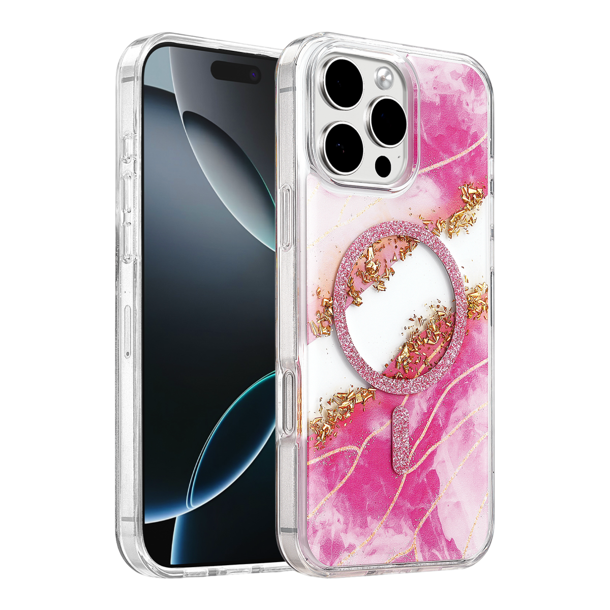 Onegif Apple iPhone 16 Pro Max Lotus Simli Magsafe Kapak - Pembe