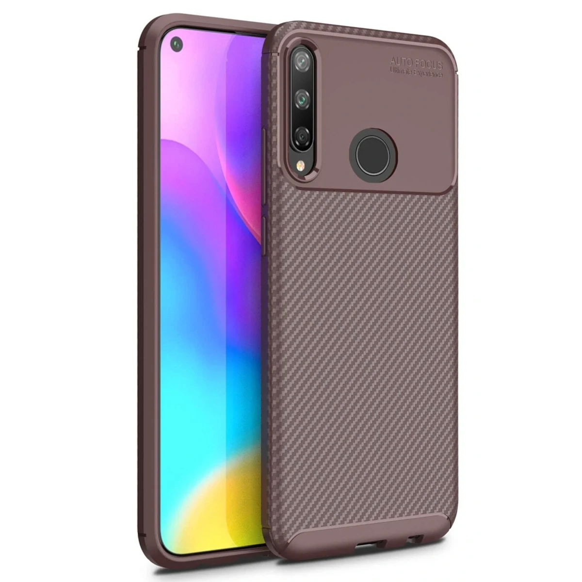 Huawei P40 Lite E Kılıf Auto Focus Karbon Kapak - Kahverengi