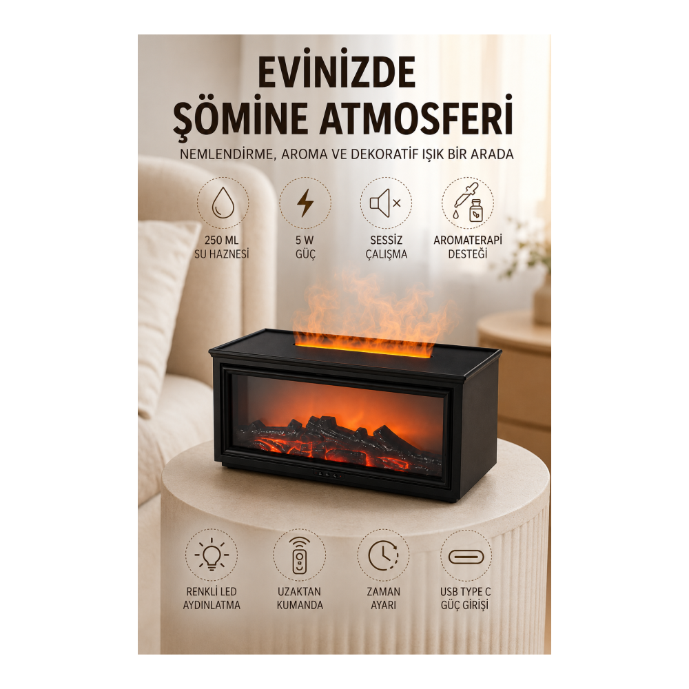 Alev Efektli Aroma Yayıcı Hava Nemlendirici Uzaktan Kumandalı Gece Lambası