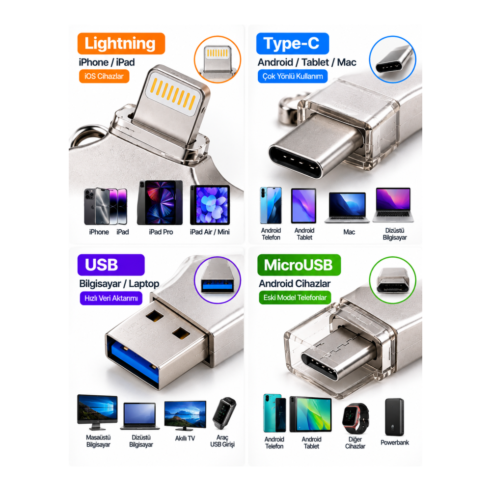4in1 128GB Flash Bellek USB Type-C Lightning MicroUSB Çoklu Girişli Taşınabilir USB Bellek