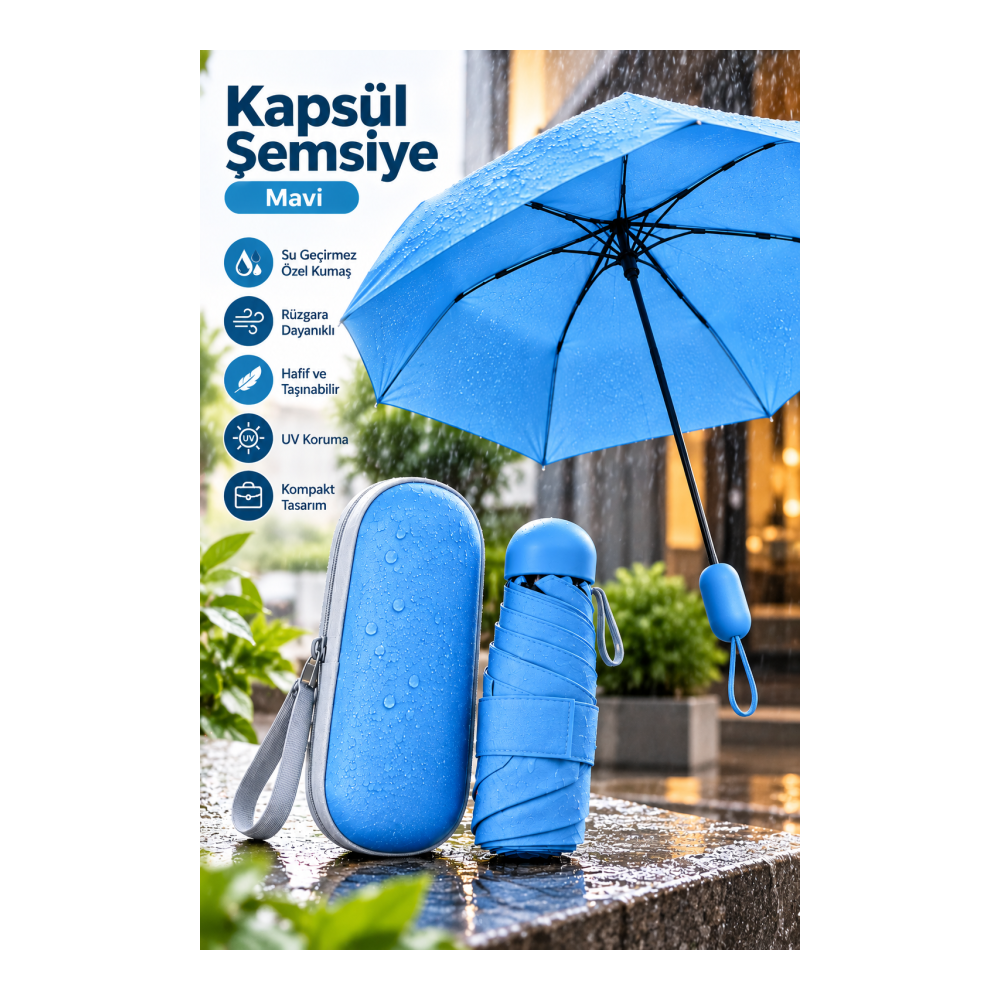 Okul İş ve Seyahatlerde Kullanıma Uygun Mavi Kapsül Şemsiye Kompakt Tasarım