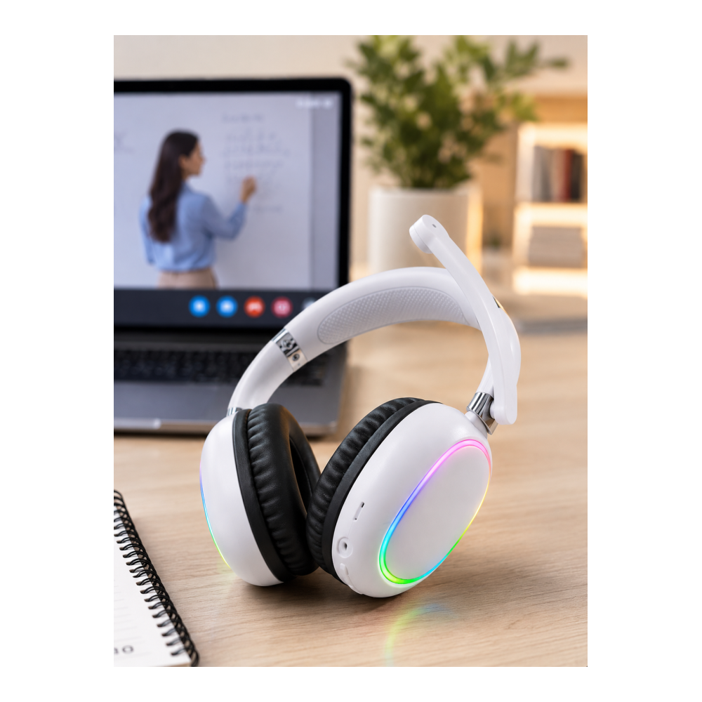 Bluetooth 5.0 Beyaz Kulak Üstü Kablosuz Kulaklık Mikrofonlu RGB Aydınlatmalı
