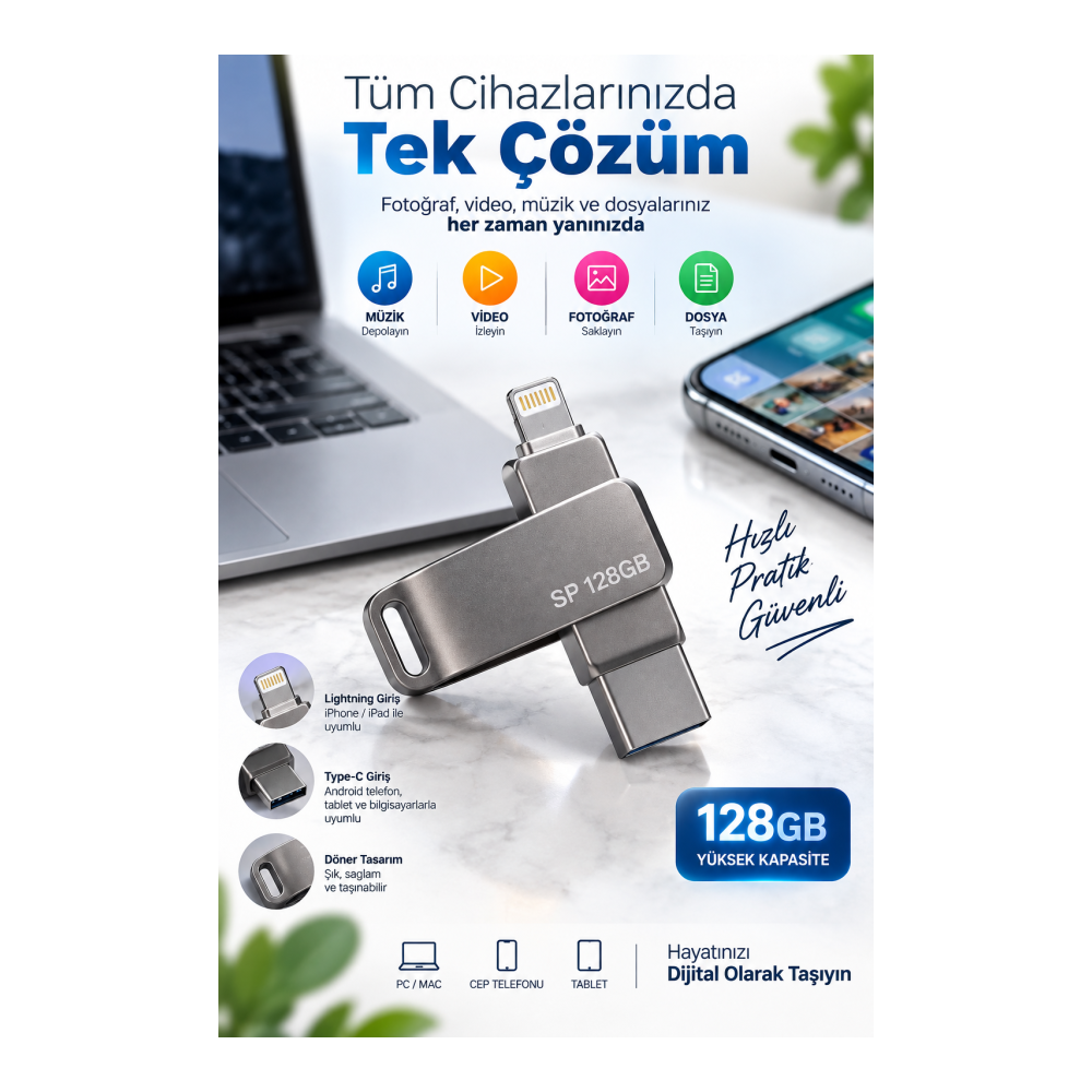 Döner Tasarımlı 128GB Lightning Type C USB Flash Bellek Telefon Tablet ve Bilgisayar Uyumlu