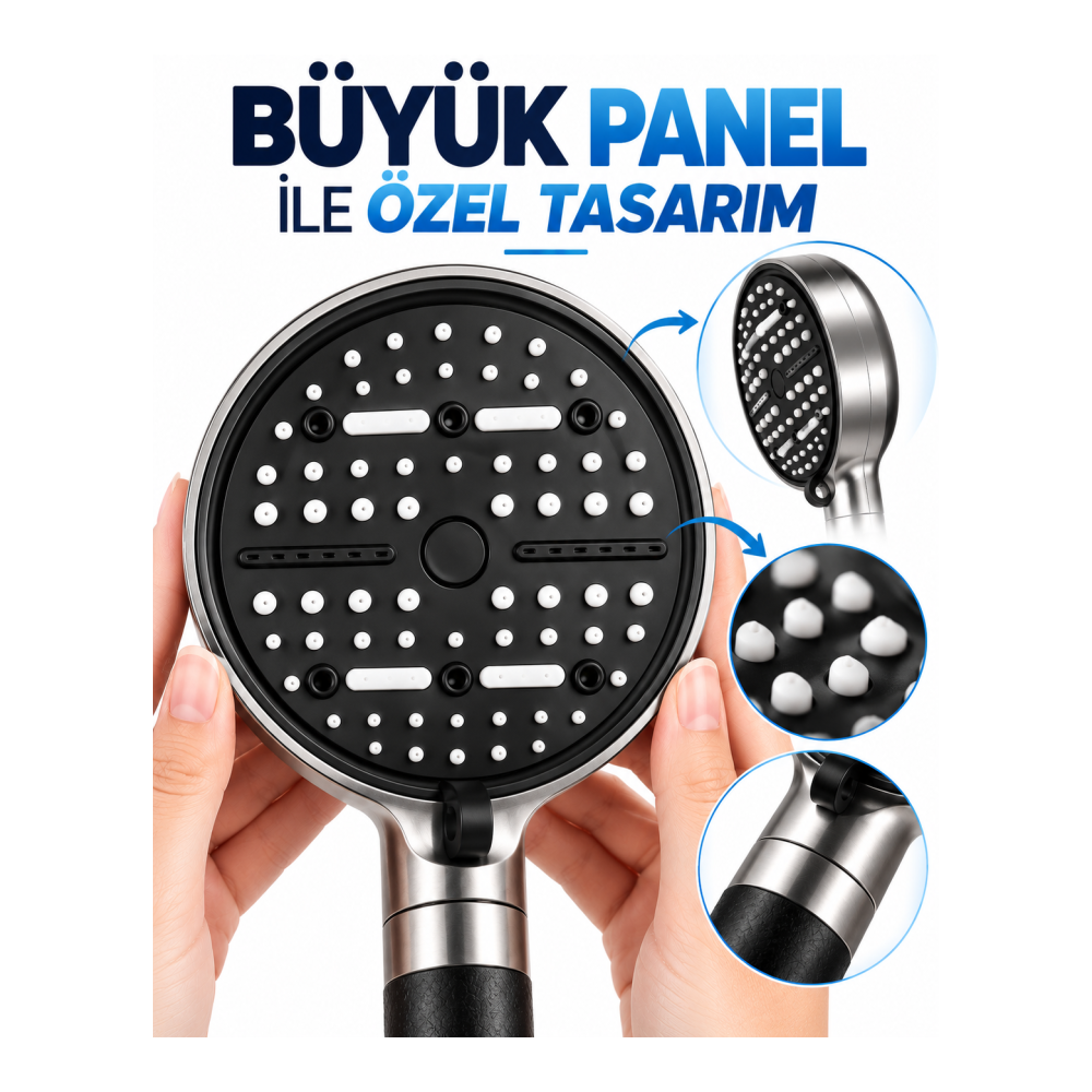 Çok Fonksiyonlu Filtreli Duş Başlığı 6 Farklı Sprey Modu Büyük Panel Siyah