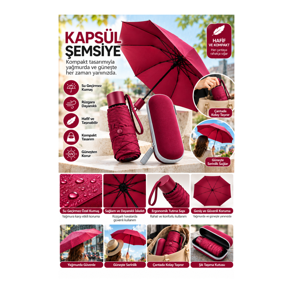 Şık Bordo Rengi ve Kompakt Tasarımıyla Her Yere Kolayca Taşınabilen Kapsül Şemsiye