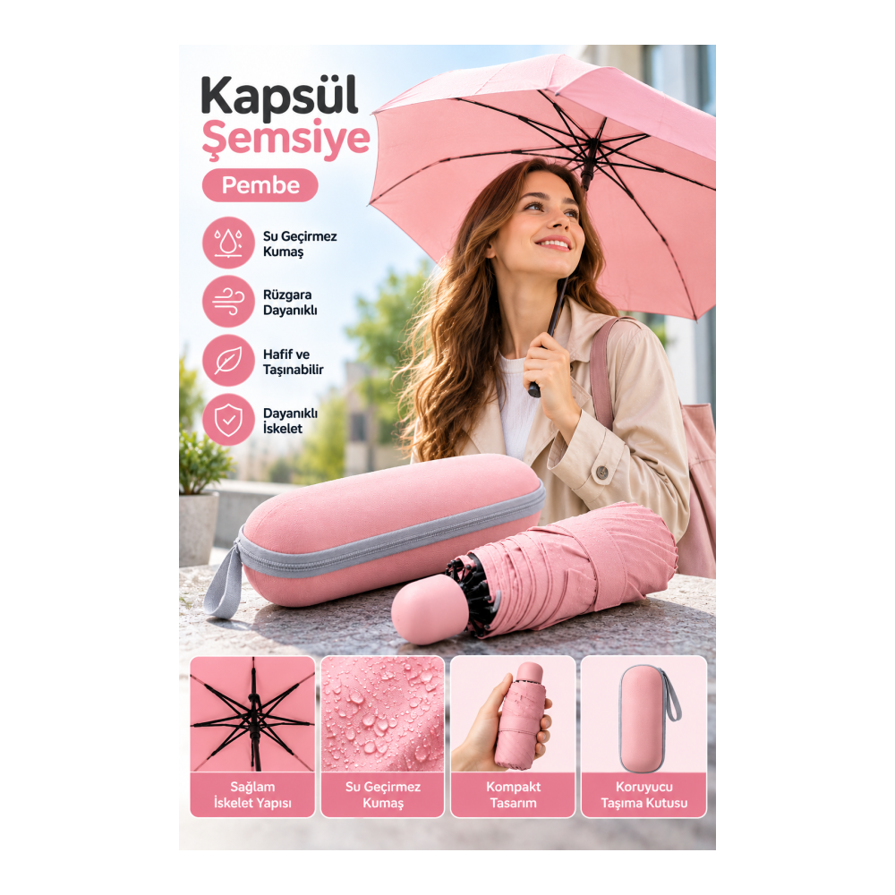 Günlük Kullanım İçin Pembe Kapsül Şemsiye Kompakt Tasarım Kolay Taşıma Özelliği