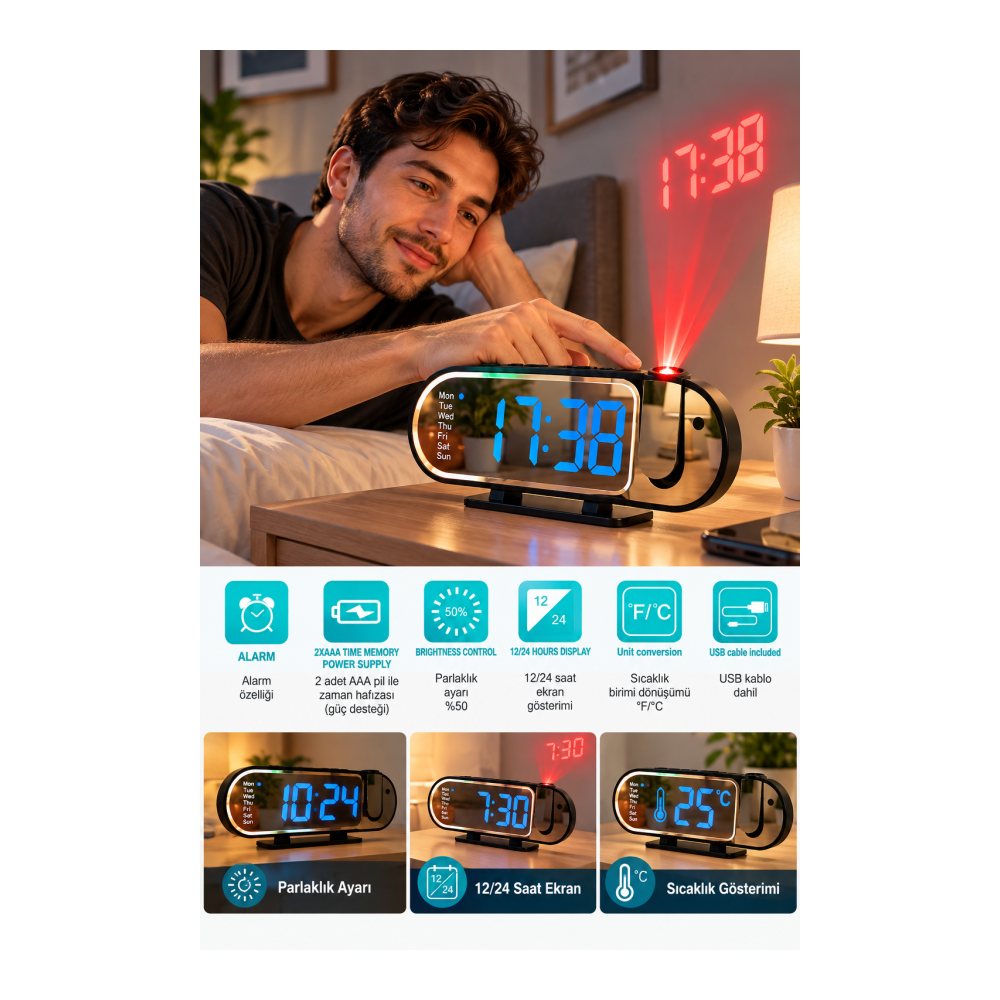 Modern Dijital LED Masa Saati Alarm Özellikli 12 24 Saat Seçenekli Sıcaklık Göstergeli Ekran