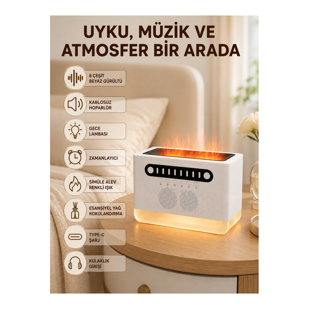 Simüle Alev Efektli Kablosuz Hoparlör Zamanlayıcılı Gece Lambası