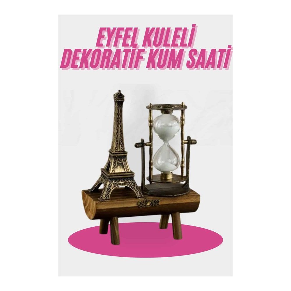 Eyfel Kulesi Tasarımlı Kum Saati Kristalleştirilmiş Kum Saati Dekoratif Ahşap Görünümlü