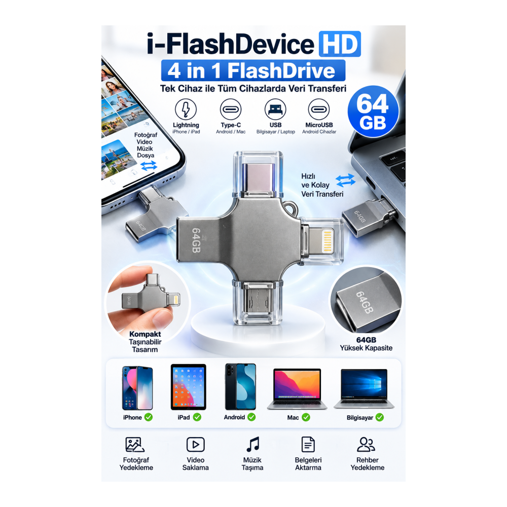 Fotoğraf Video Belge ve Dosyalarınızı Kolayca Aktarmanızı Sağlayan 64GB 4 Girişli Flash Bellek