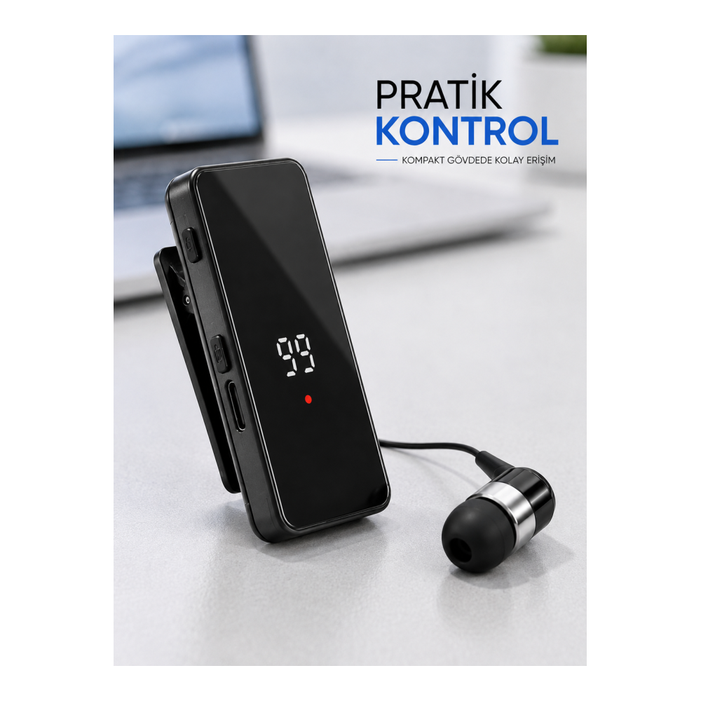 Klipsli Tek Kulaklıklı Kablosuz Bluetooth Kulaklık Dijital Ekranlı Taşınabilir Model